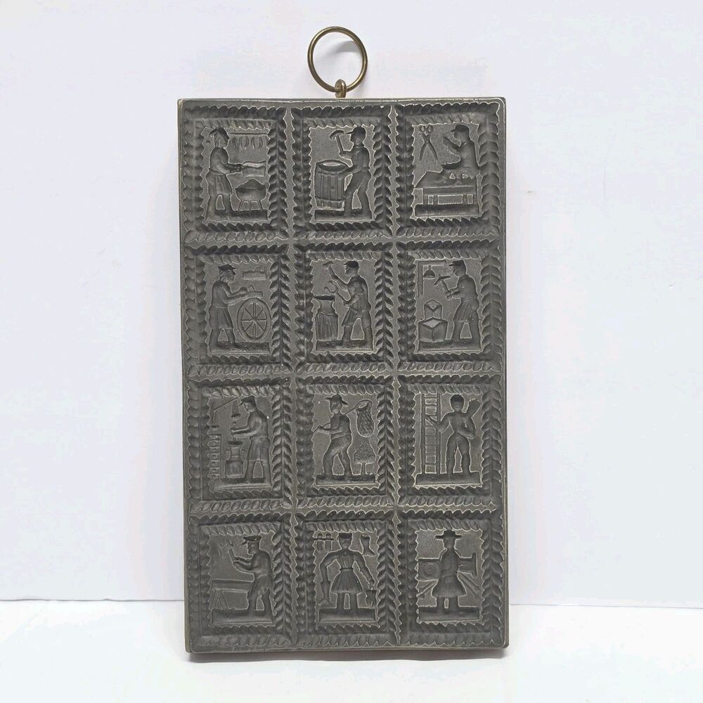 Old Springerle Cookie Biscuit Metal Stamp Mold - 12 Medieval Guildsmen Folk Art